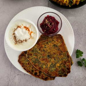 Methi Matar Paratha Dahi Pickle by Pavikash Restro